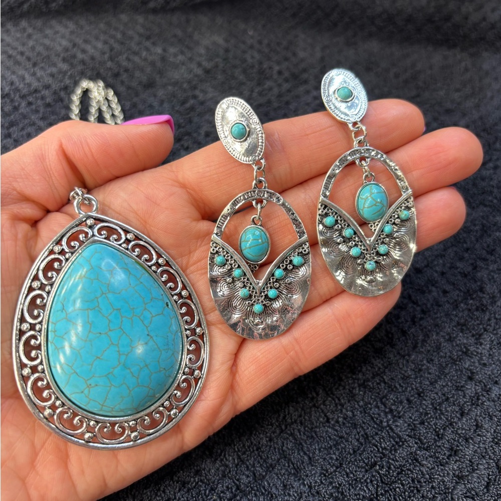 Long Turquoise Teardrop Statement Necklace with Matching Earrings - Silver Tone